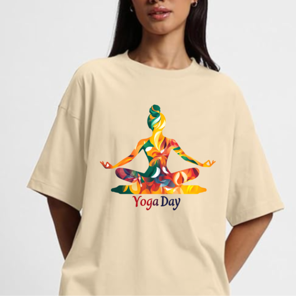 Meditating women Premium yoga T shirt- geometric colourful - Image 8