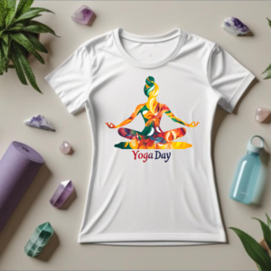Meditating women Premium yoga T shirt- geometric colourful