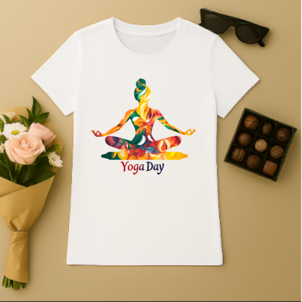 Meditating women Premium yoga T shirt- geometric colourful - Image 3