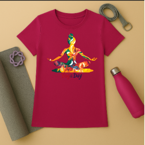 Meditating women Premium yoga T shirt- geometric colourful - Image 11
