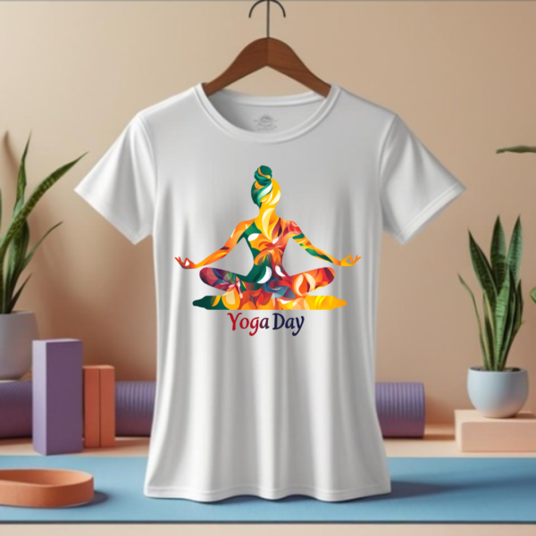 Meditating women Premium yoga T shirt- geometric colourful - Image 5