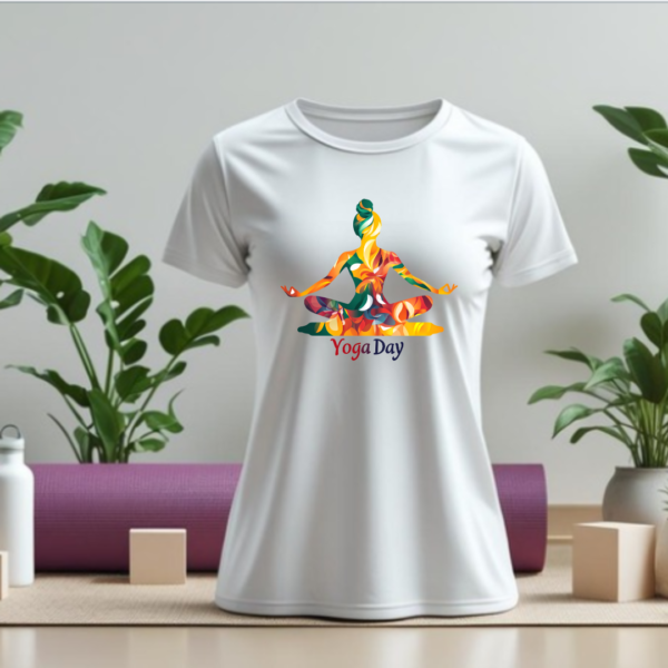 Meditating women Premium yoga T shirt- geometric colourful - Image 2