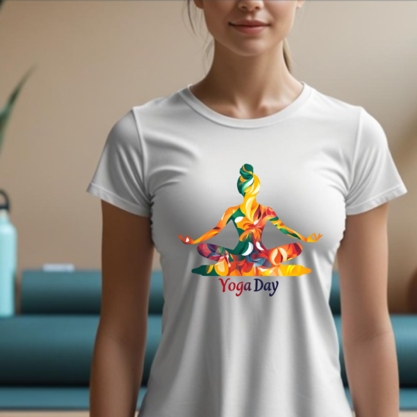 Meditating women Premium yoga T shirt- geometric colourful - Image 4