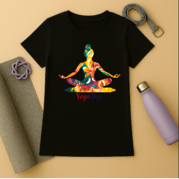Meditating women Premium yoga T shirt- geometric colourful - Image 12