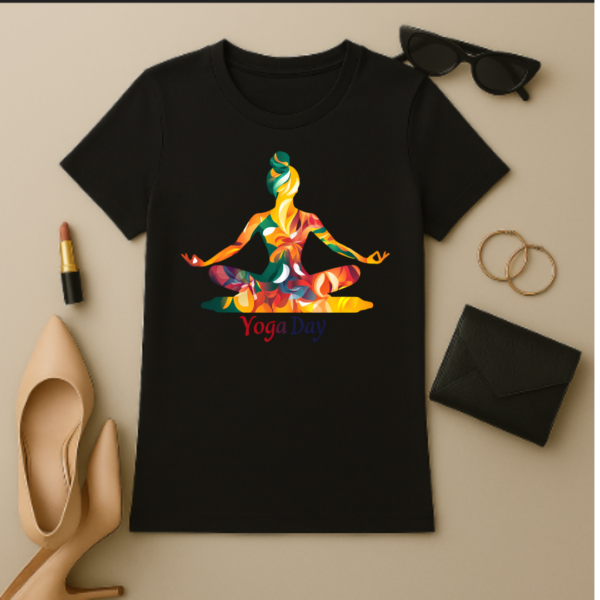 Meditating women Premium yoga T shirt- geometric colourful - Image 13