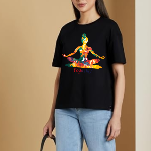 Meditating women Premium yoga T shirt- geometric colourful - Image 14